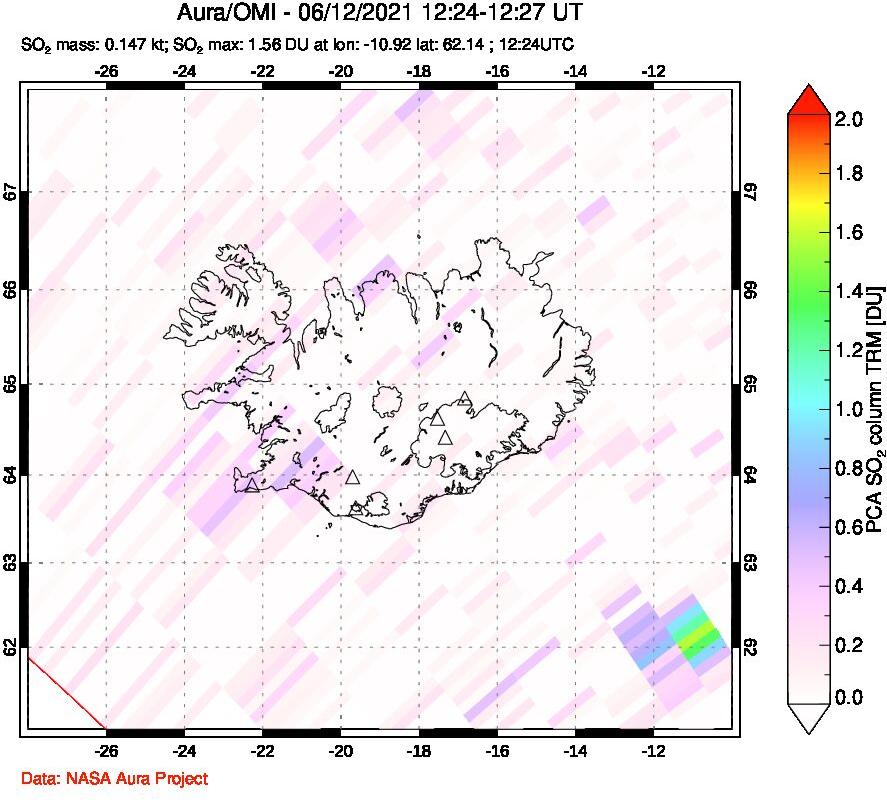 A sulfur dioxide image over Iceland on Jun 12, 2021.