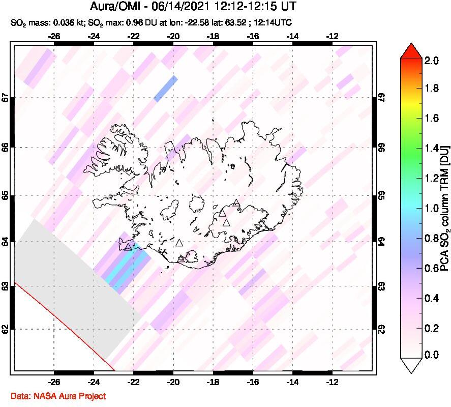 A sulfur dioxide image over Iceland on Jun 14, 2021.
