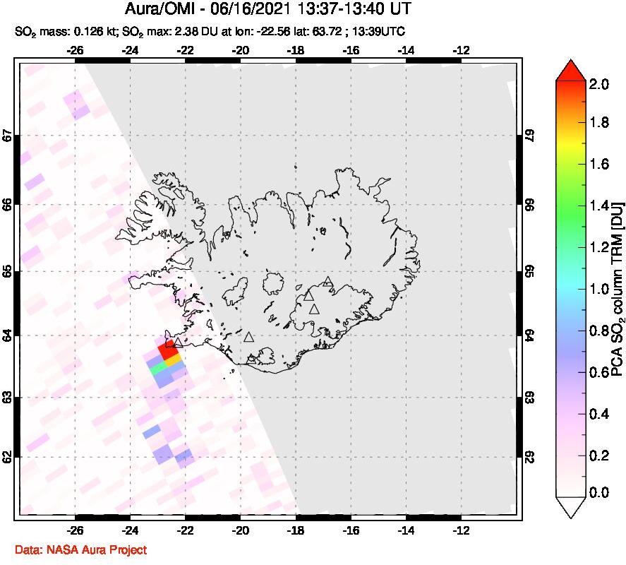 A sulfur dioxide image over Iceland on Jun 16, 2021.