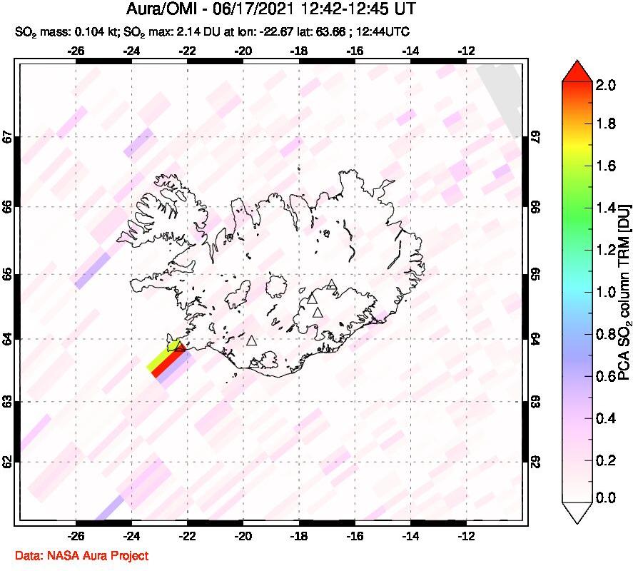 A sulfur dioxide image over Iceland on Jun 17, 2021.