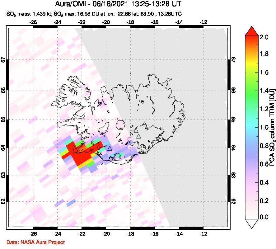 A sulfur dioxide image over Iceland on Jun 18, 2021.