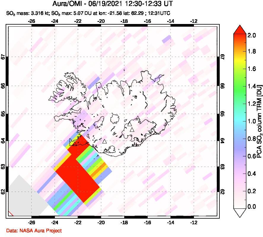 A sulfur dioxide image over Iceland on Jun 19, 2021.