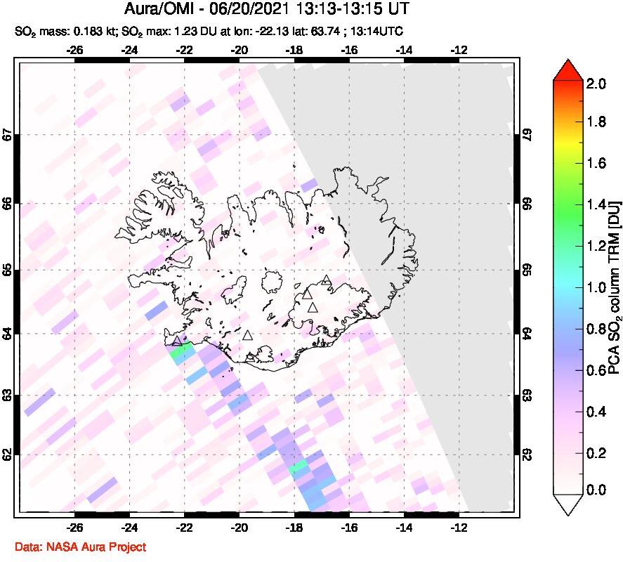 A sulfur dioxide image over Iceland on Jun 20, 2021.