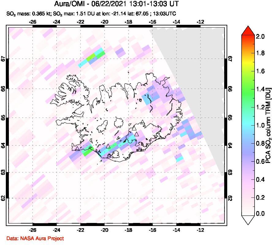 A sulfur dioxide image over Iceland on Jun 22, 2021.