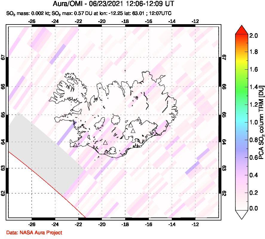A sulfur dioxide image over Iceland on Jun 23, 2021.