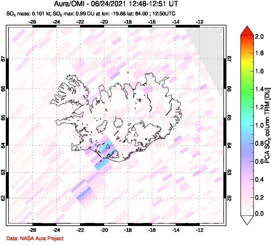 A sulfur dioxide image over Iceland on Jun 24, 2021.