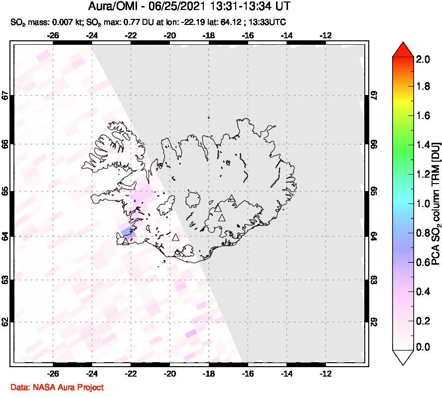 A sulfur dioxide image over Iceland on Jun 25, 2021.