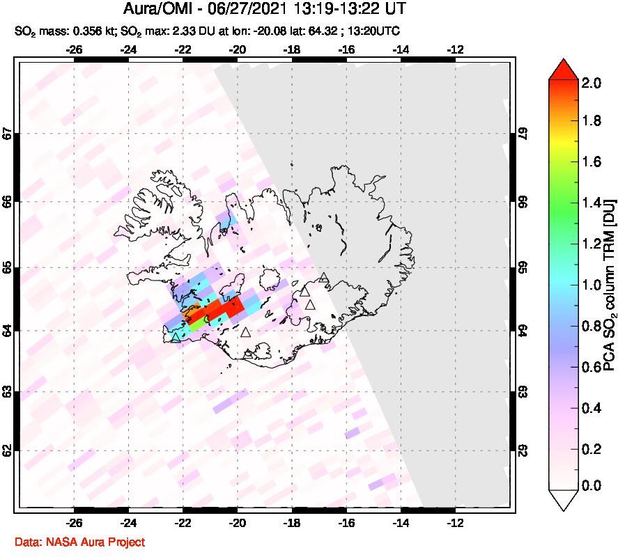 A sulfur dioxide image over Iceland on Jun 27, 2021.