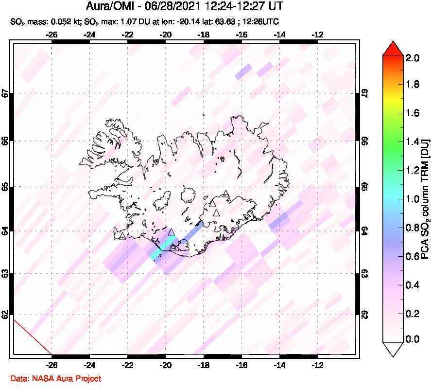 A sulfur dioxide image over Iceland on Jun 28, 2021.