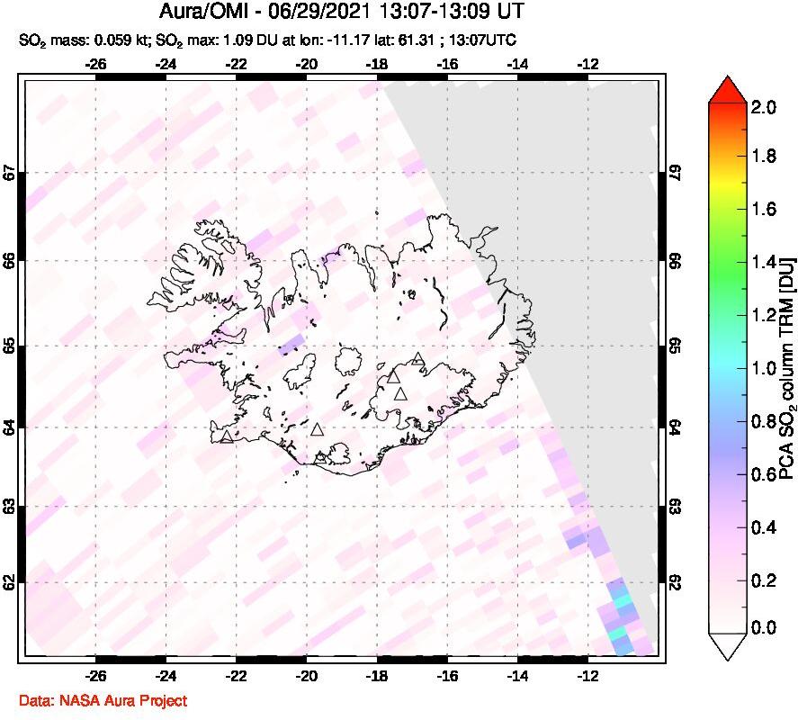 A sulfur dioxide image over Iceland on Jun 29, 2021.