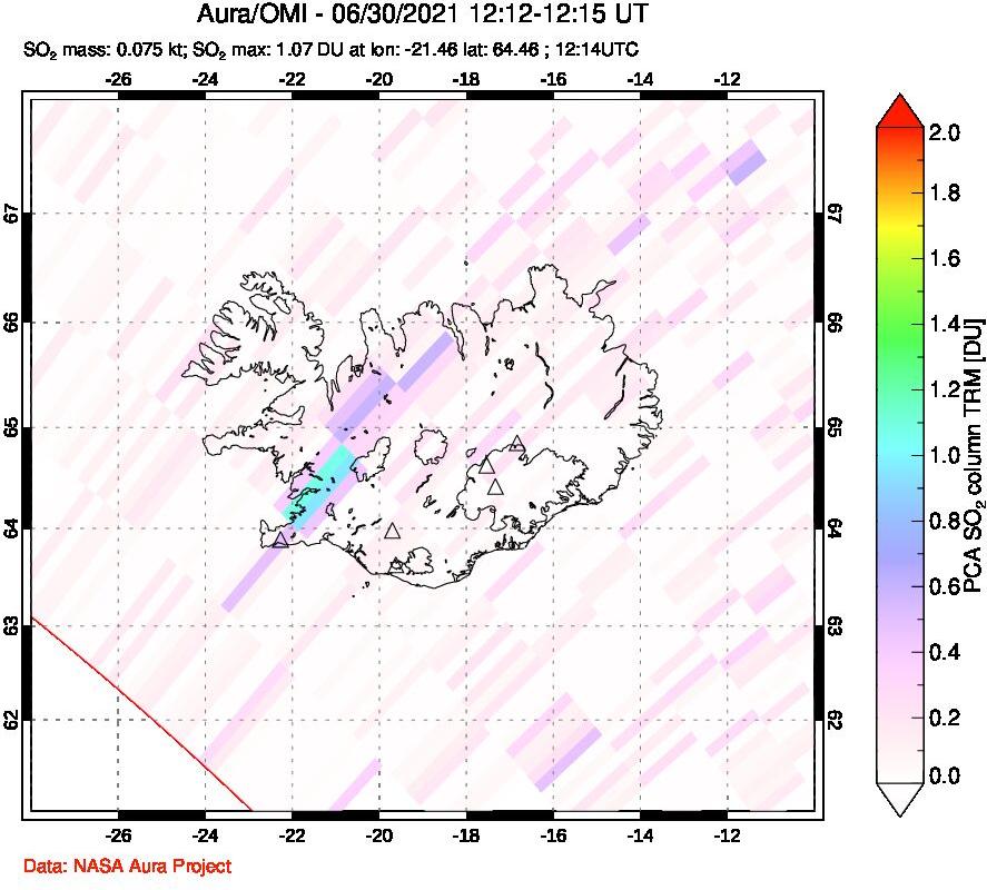 A sulfur dioxide image over Iceland on Jun 30, 2021.