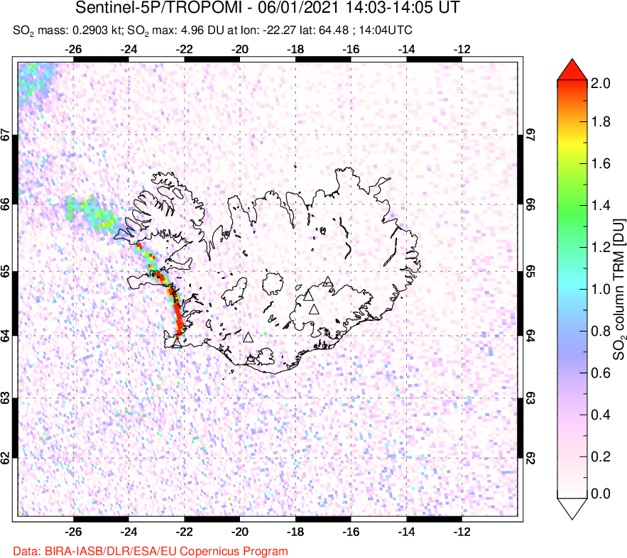 A sulfur dioxide image over Iceland on Jun 01, 2021.