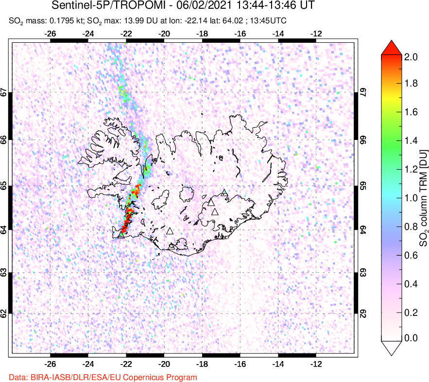 A sulfur dioxide image over Iceland on Jun 02, 2021.