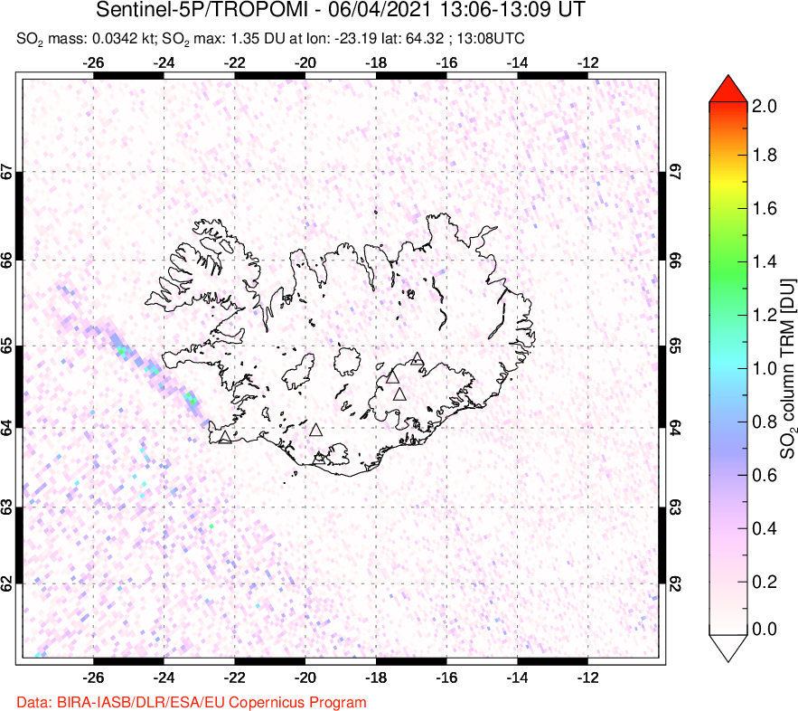 A sulfur dioxide image over Iceland on Jun 04, 2021.