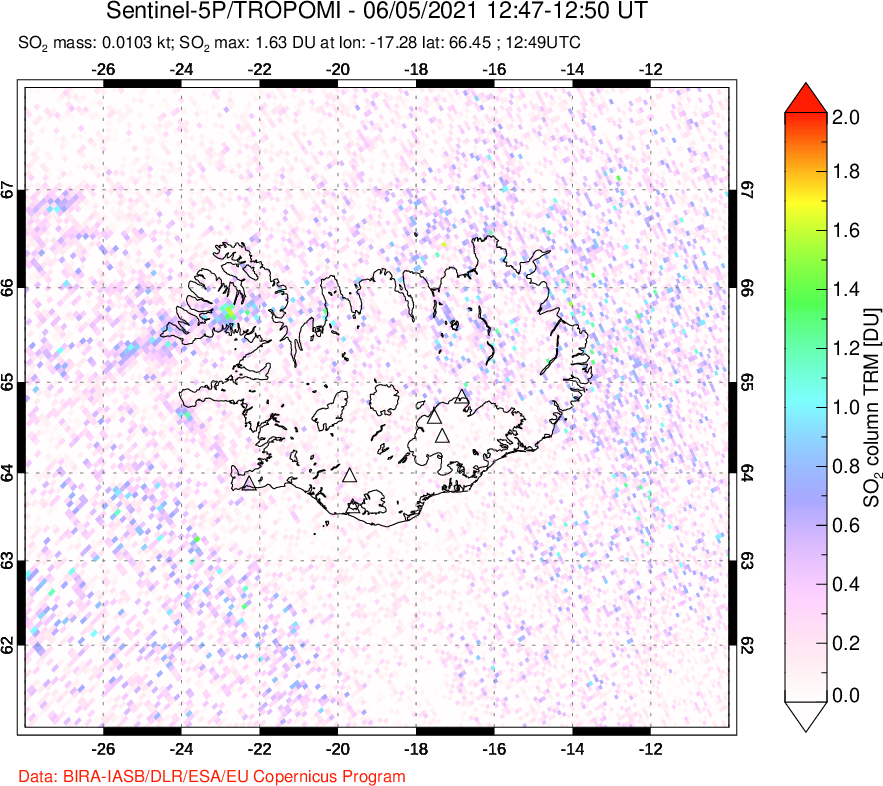 A sulfur dioxide image over Iceland on Jun 05, 2021.