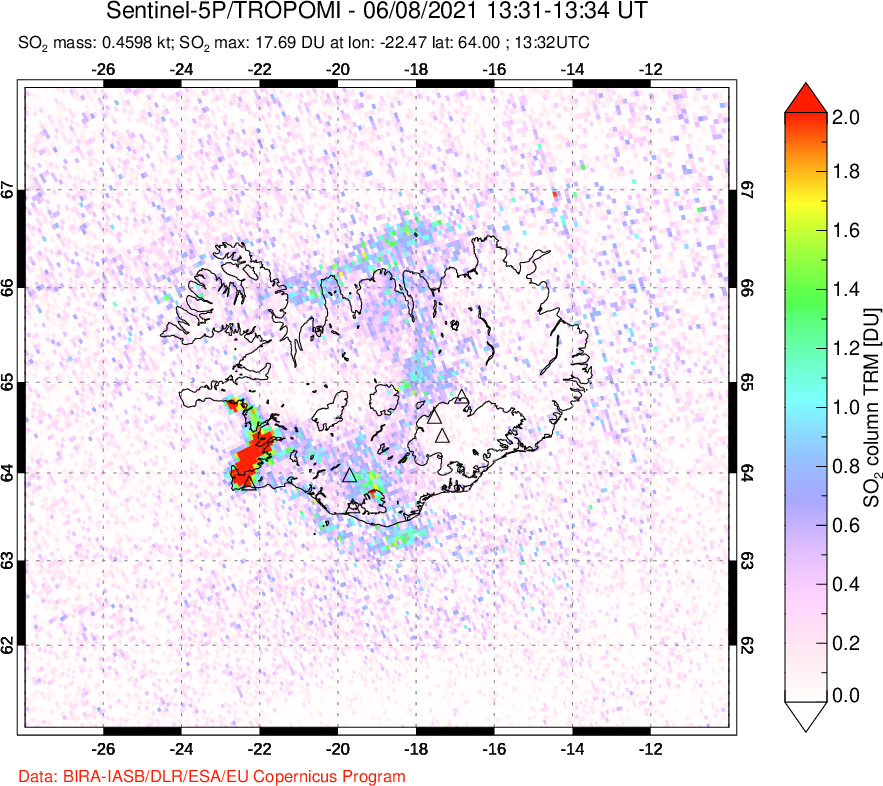 A sulfur dioxide image over Iceland on Jun 08, 2021.