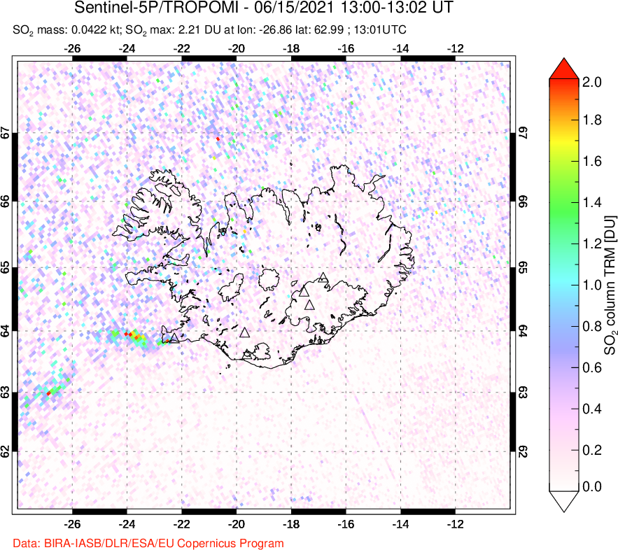 A sulfur dioxide image over Iceland on Jun 15, 2021.