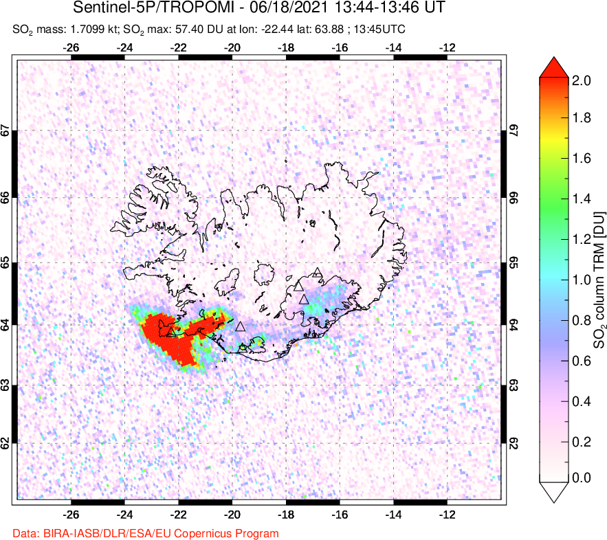 A sulfur dioxide image over Iceland on Jun 18, 2021.