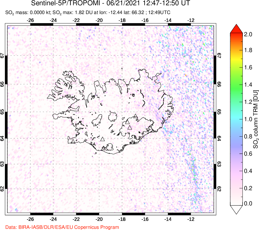 A sulfur dioxide image over Iceland on Jun 21, 2021.