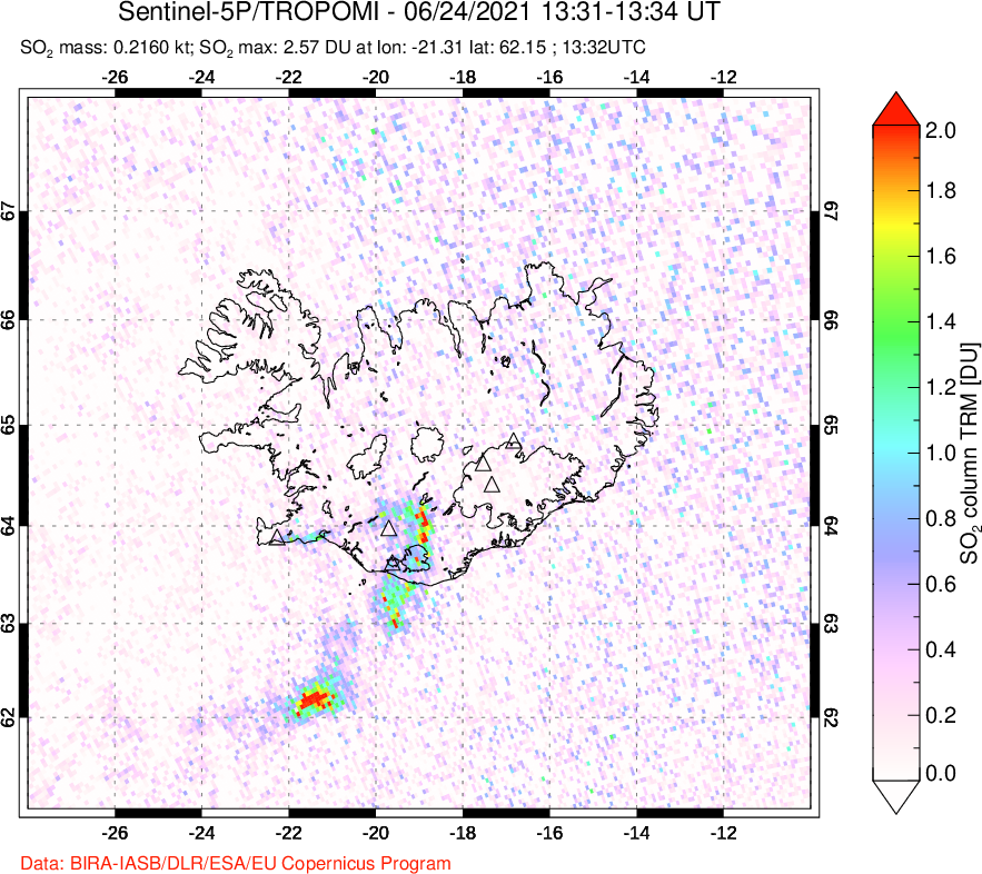 A sulfur dioxide image over Iceland on Jun 24, 2021.