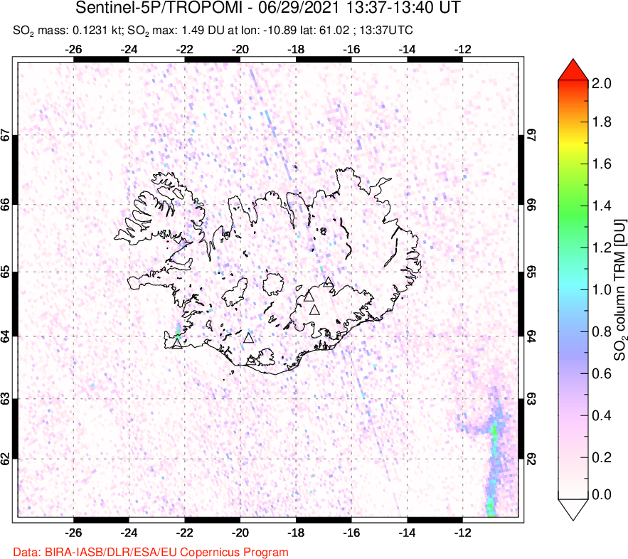 A sulfur dioxide image over Iceland on Jun 29, 2021.