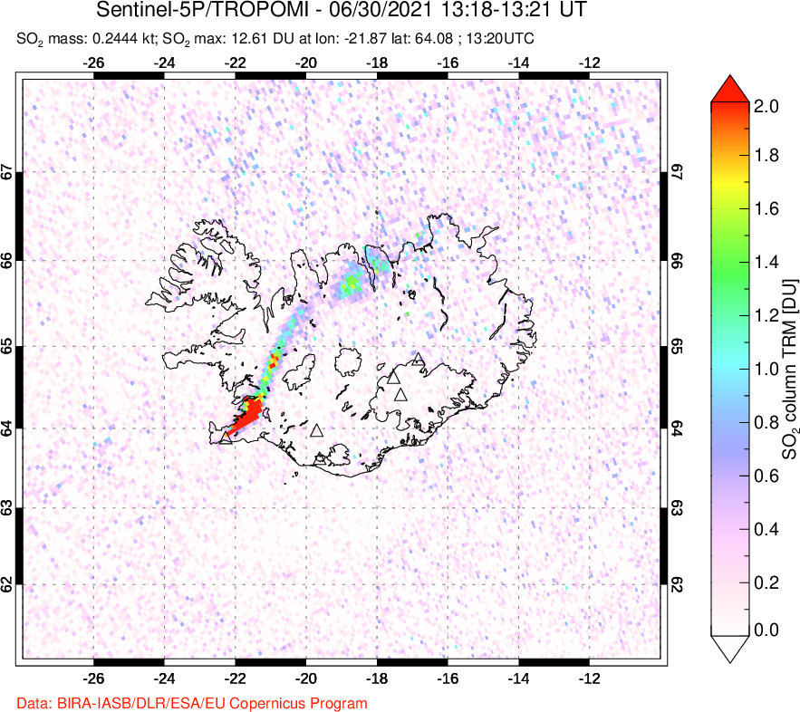 A sulfur dioxide image over Iceland on Jun 30, 2021.