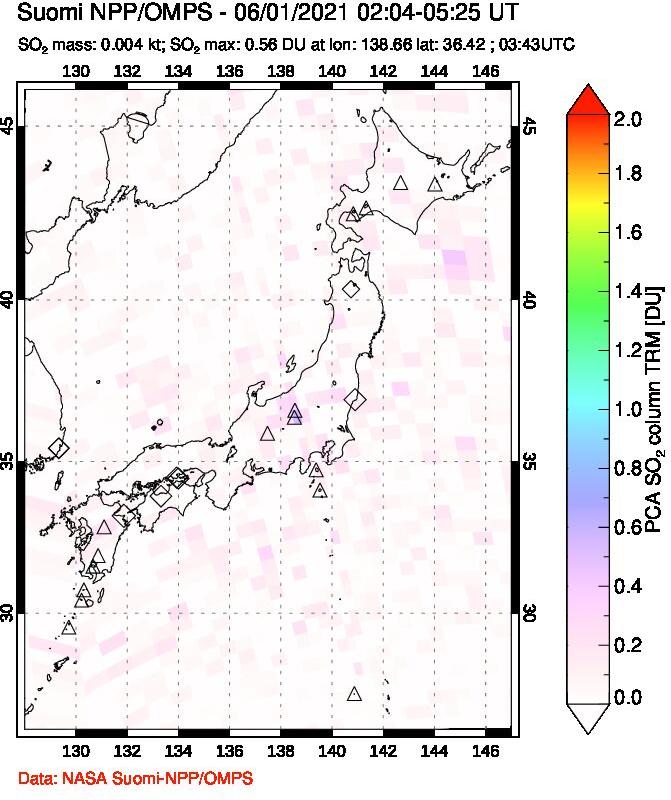 A sulfur dioxide image over Japan on Jun 01, 2021.
