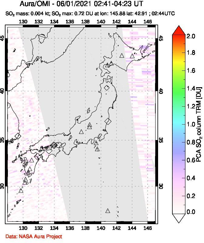A sulfur dioxide image over Japan on Jun 01, 2021.