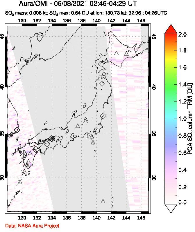 A sulfur dioxide image over Japan on Jun 08, 2021.