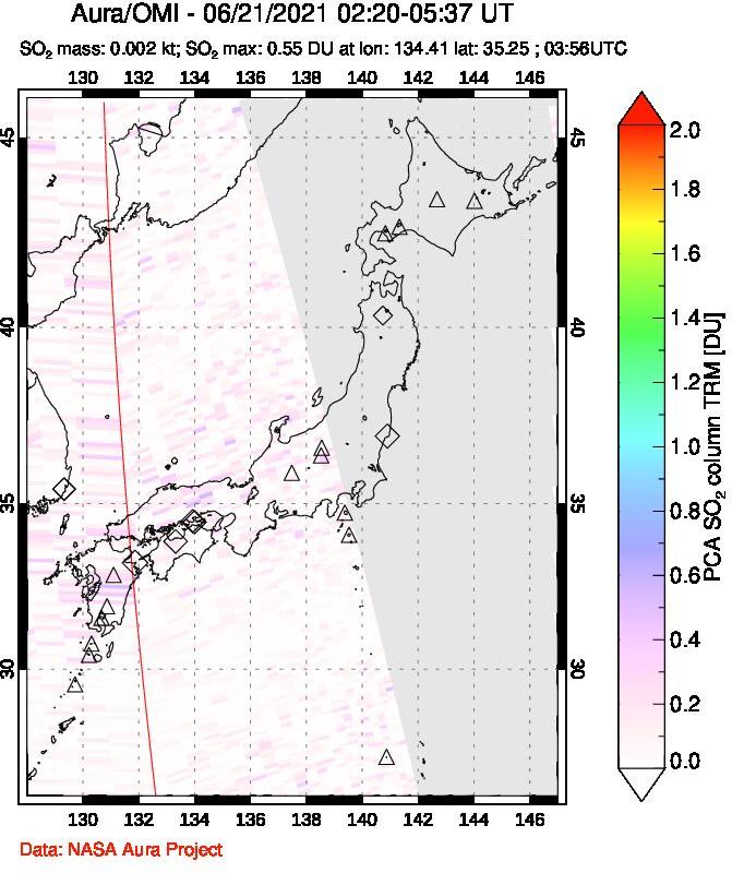 A sulfur dioxide image over Japan on Jun 21, 2021.