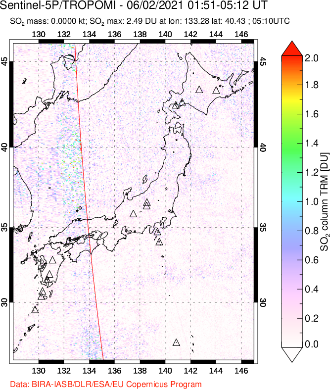 A sulfur dioxide image over Japan on Jun 02, 2021.