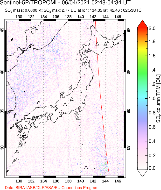 A sulfur dioxide image over Japan on Jun 04, 2021.