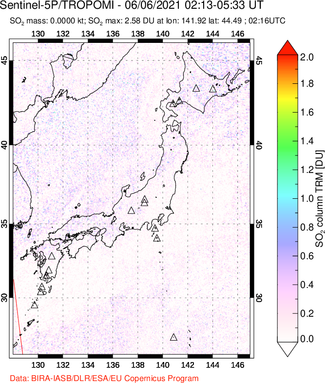 A sulfur dioxide image over Japan on Jun 06, 2021.