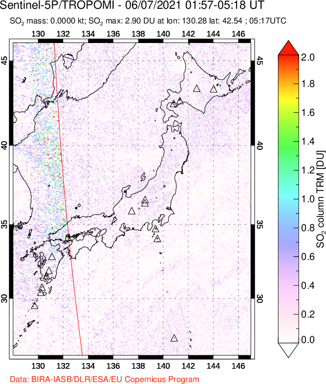 A sulfur dioxide image over Japan on Jun 07, 2021.