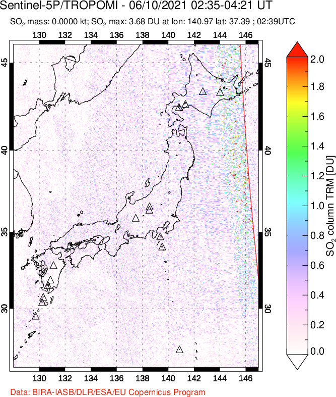 A sulfur dioxide image over Japan on Jun 10, 2021.