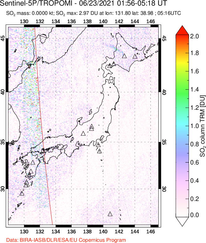 A sulfur dioxide image over Japan on Jun 23, 2021.