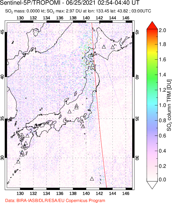 A sulfur dioxide image over Japan on Jun 25, 2021.