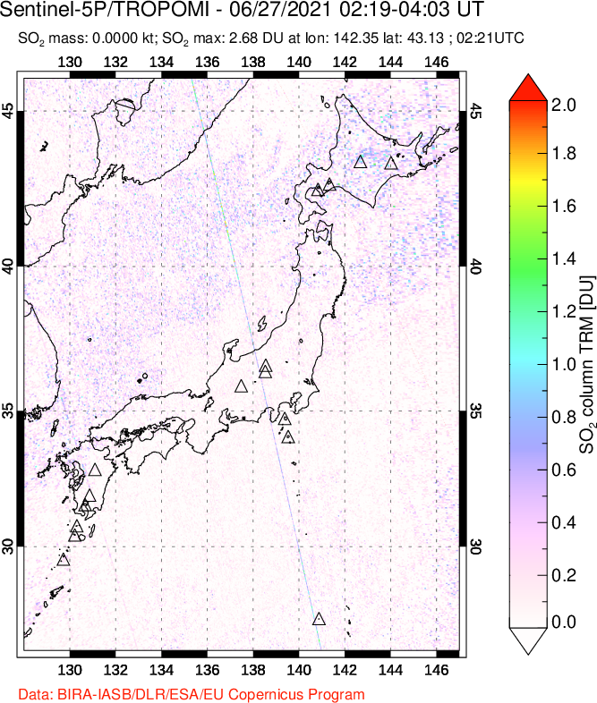 A sulfur dioxide image over Japan on Jun 27, 2021.