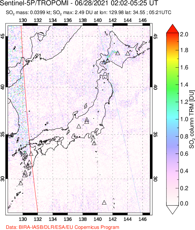 A sulfur dioxide image over Japan on Jun 28, 2021.