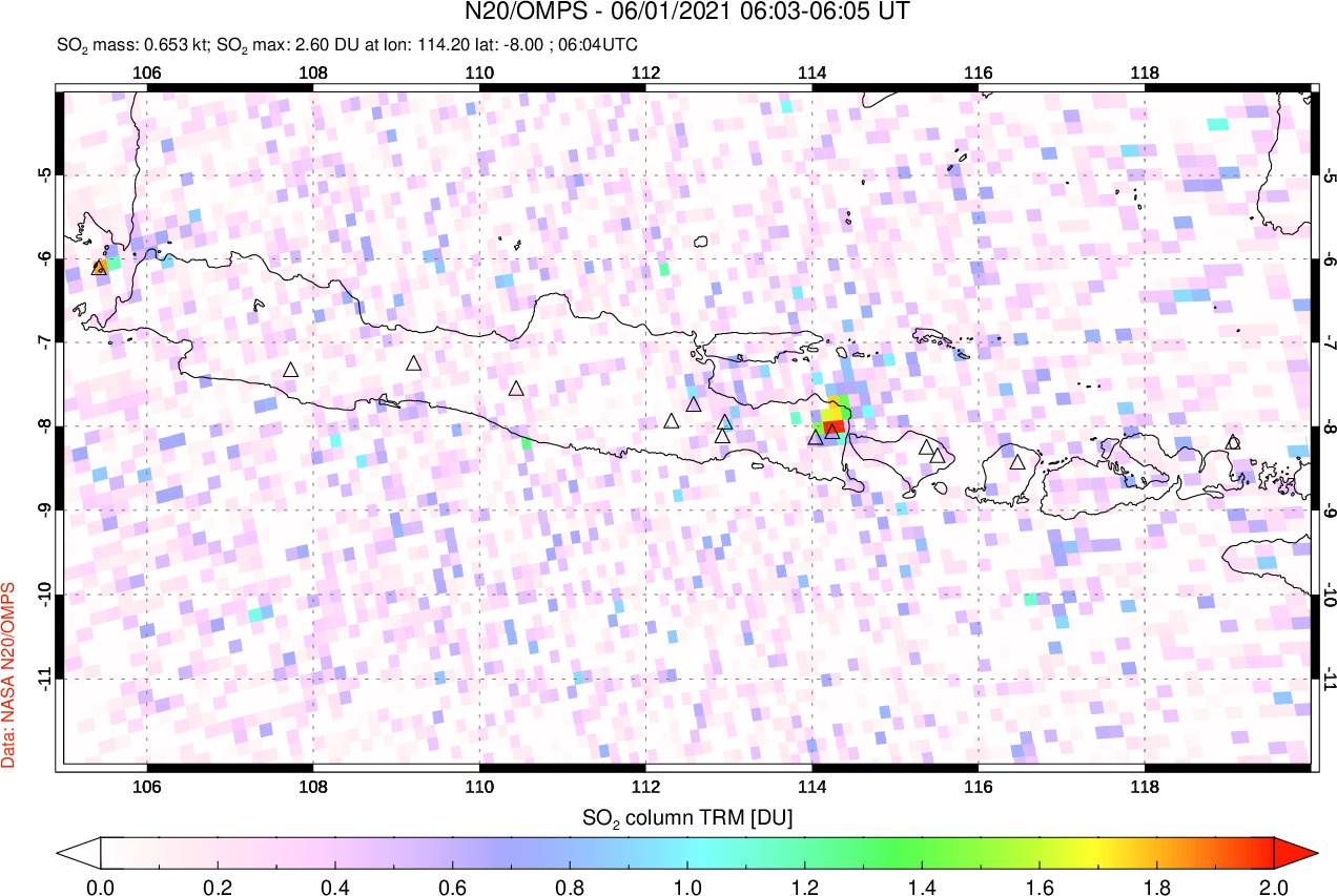 A sulfur dioxide image over Java, Indonesia on Jun 01, 2021.