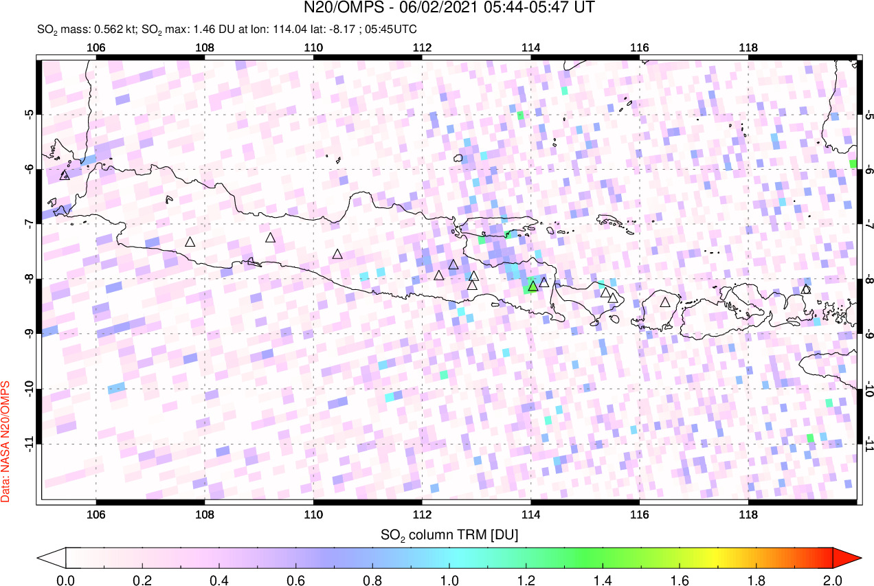A sulfur dioxide image over Java, Indonesia on Jun 02, 2021.