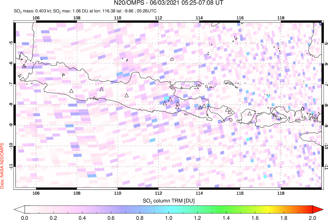 A sulfur dioxide image over Java, Indonesia on Jun 03, 2021.
