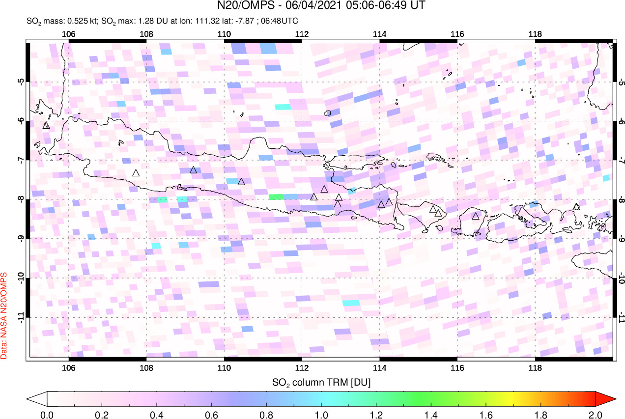 A sulfur dioxide image over Java, Indonesia on Jun 04, 2021.