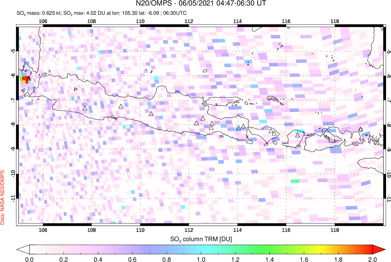 A sulfur dioxide image over Java, Indonesia on Jun 05, 2021.