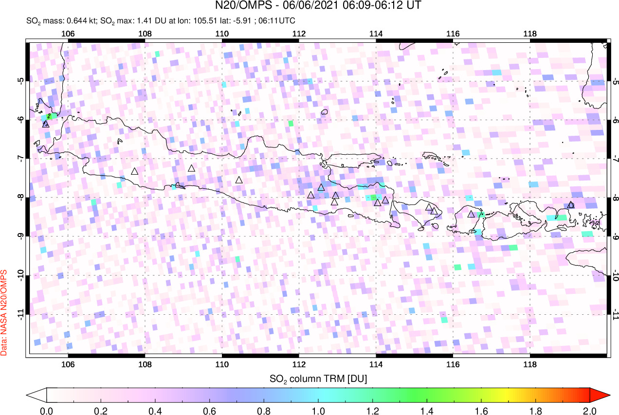 A sulfur dioxide image over Java, Indonesia on Jun 06, 2021.