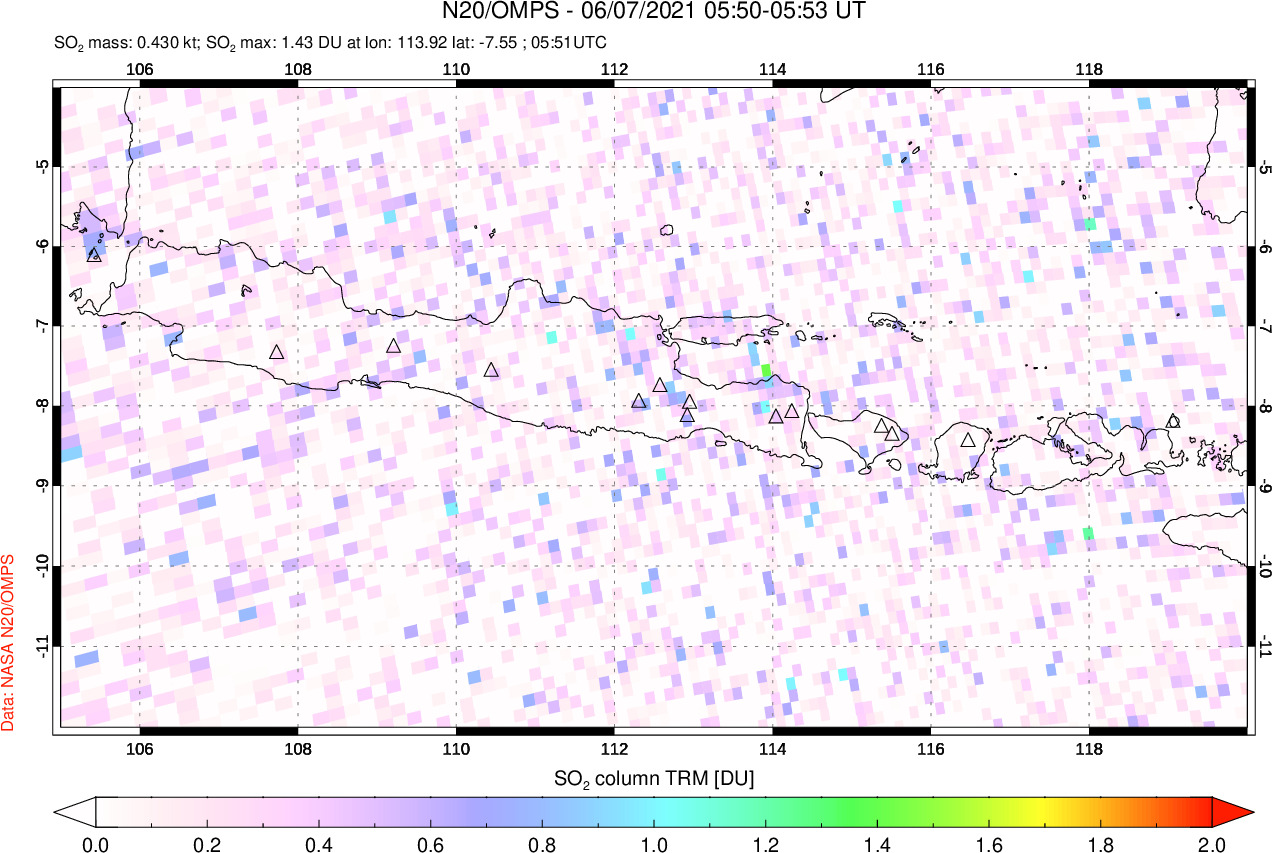 A sulfur dioxide image over Java, Indonesia on Jun 07, 2021.