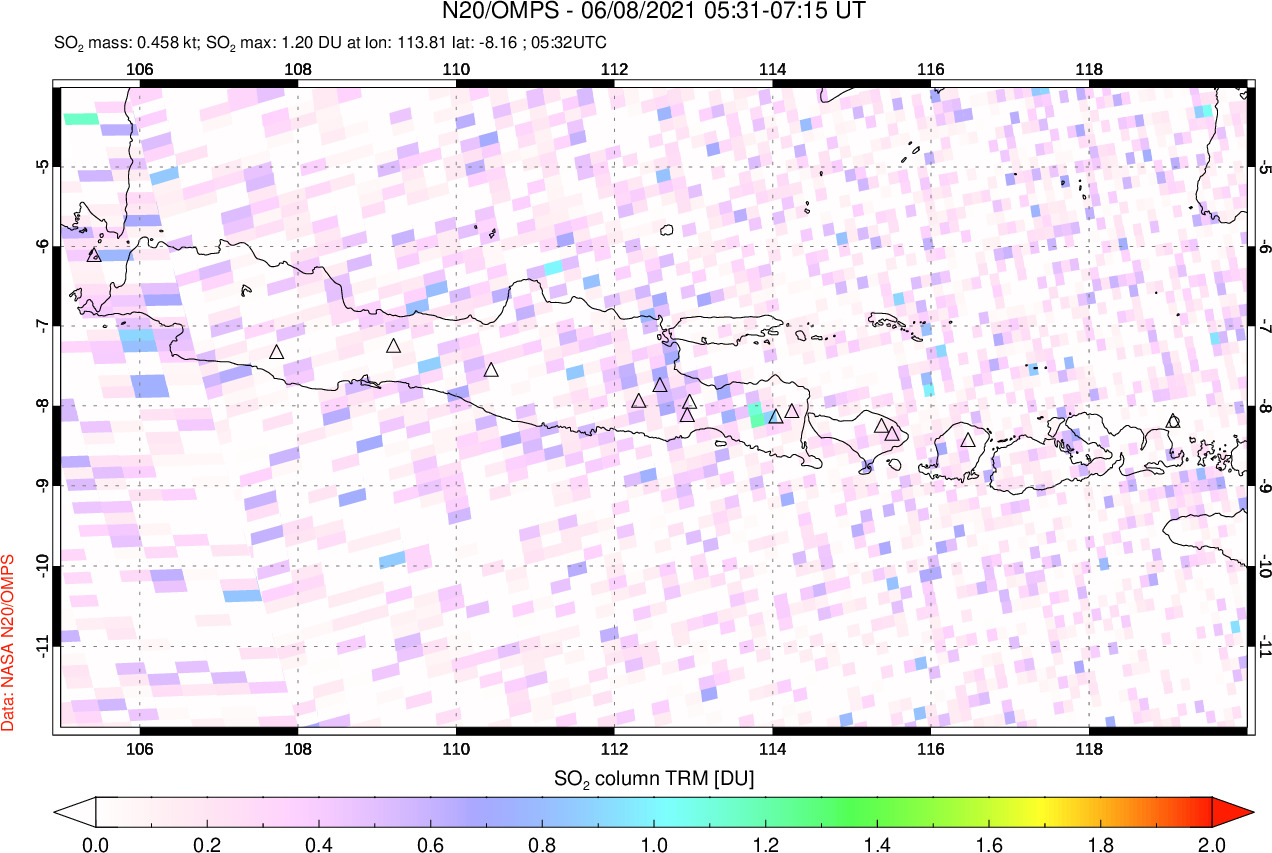 A sulfur dioxide image over Java, Indonesia on Jun 08, 2021.