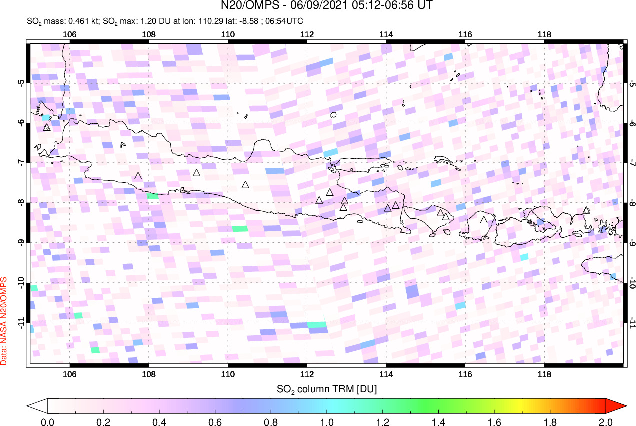 A sulfur dioxide image over Java, Indonesia on Jun 09, 2021.