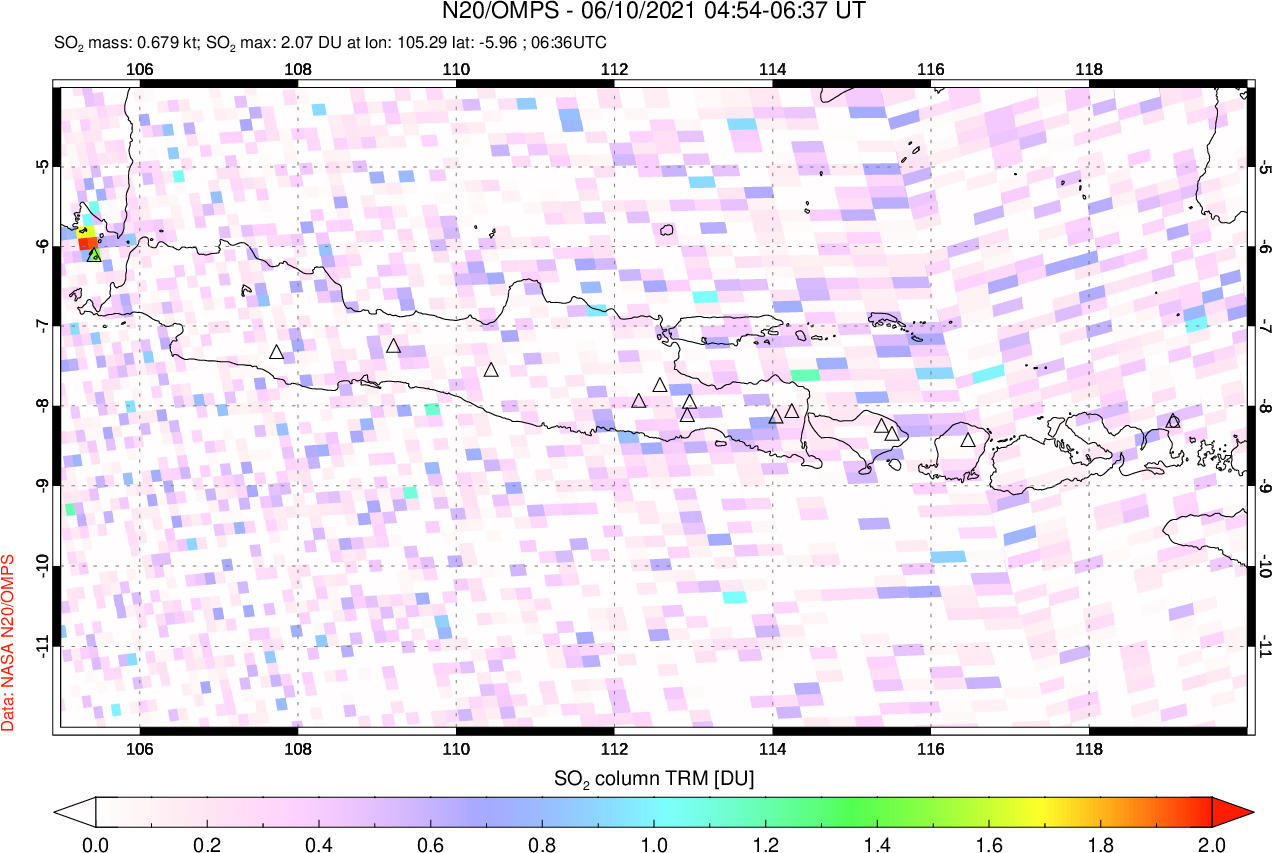A sulfur dioxide image over Java, Indonesia on Jun 10, 2021.
