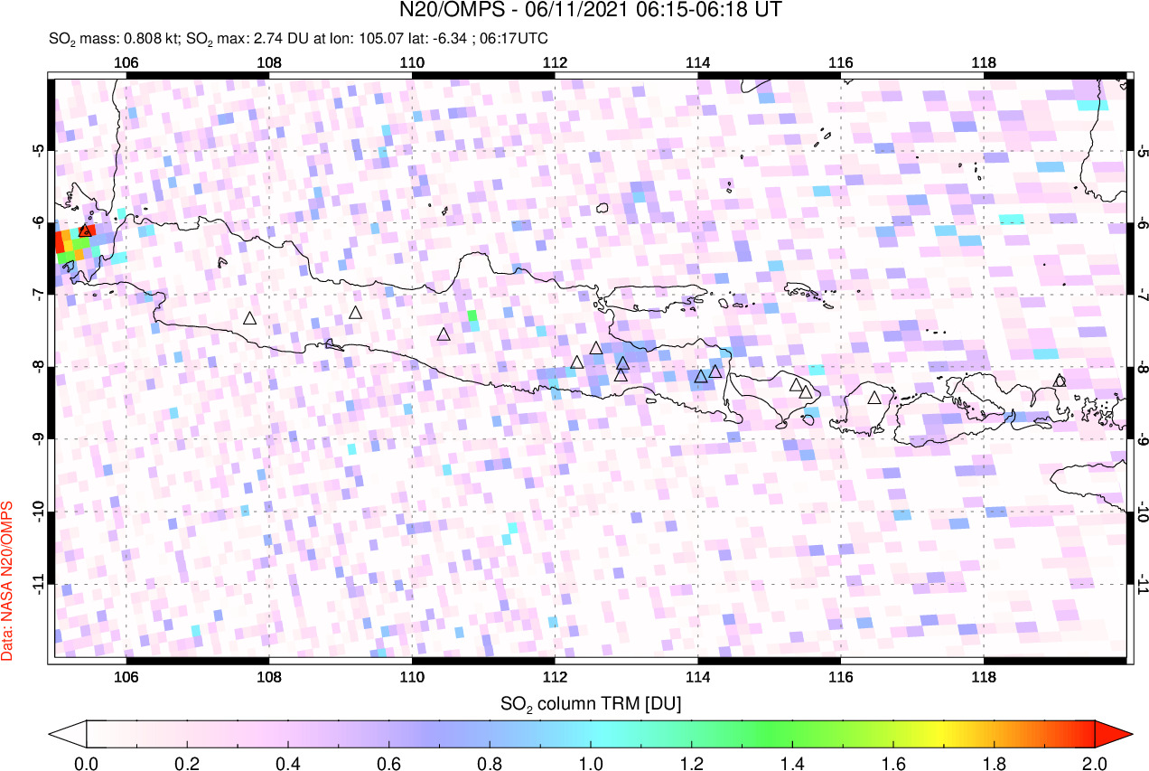 A sulfur dioxide image over Java, Indonesia on Jun 11, 2021.
